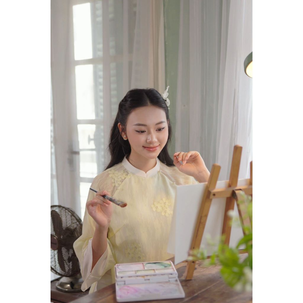 Áo dài cách tân AD254 - QD043 tay lỡ tà vừa phối viền tay