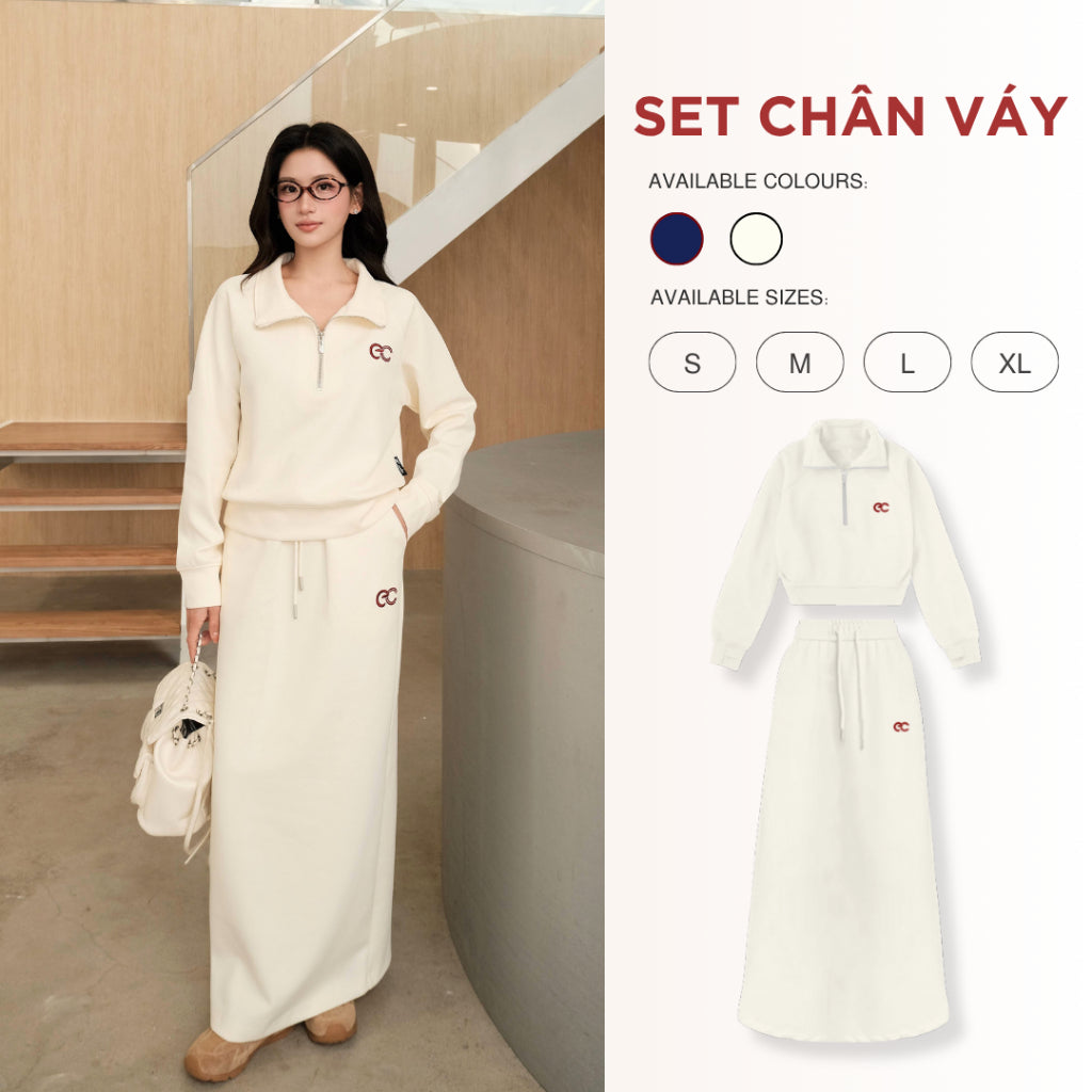 Set Bộ Váy Dài ECOCHIC Áo Crop Cổ Cao Halfzip Logo Phối Chân Váy Dài Dây Rút Chất Liệu Cao Cấp Chính Hãng B194