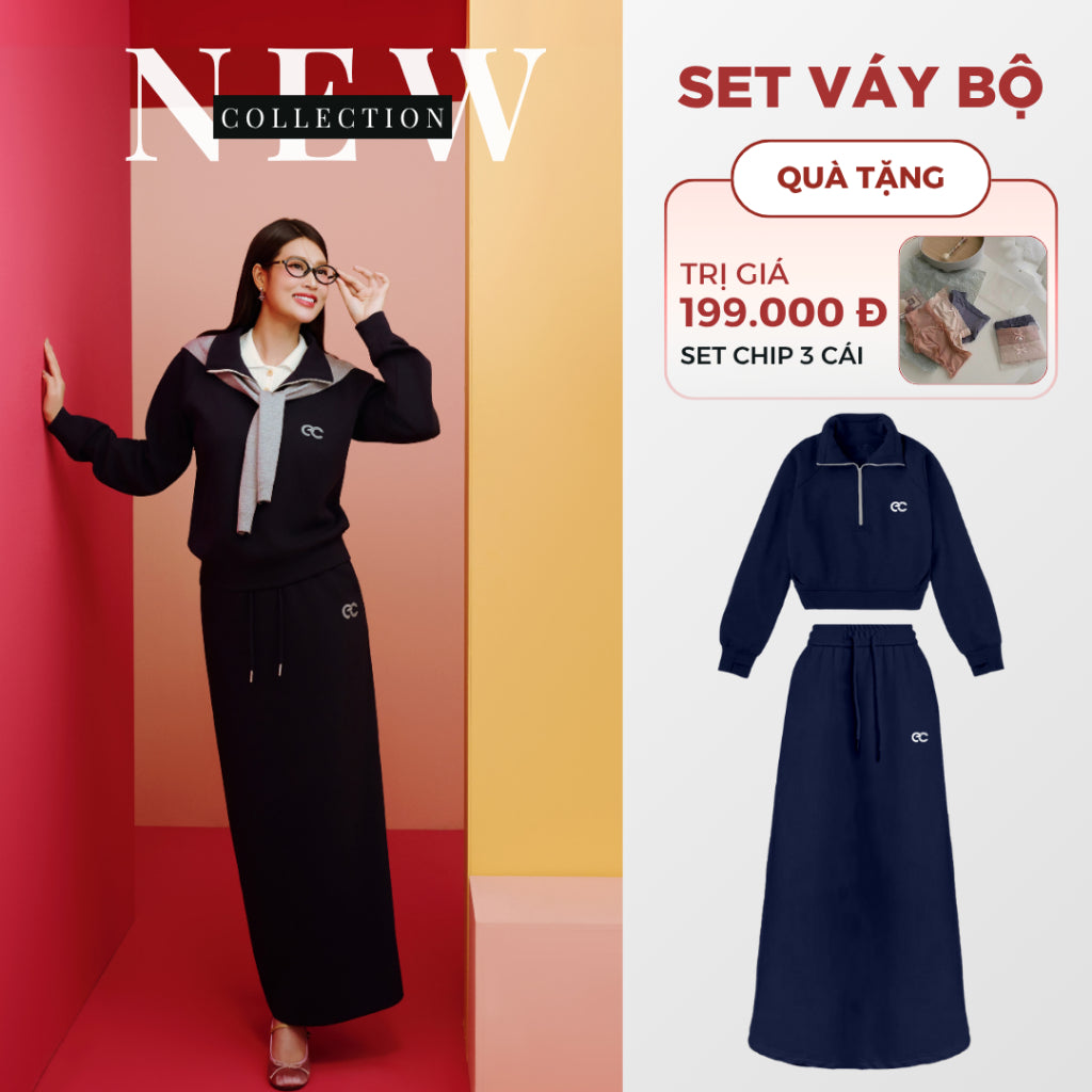 Set Bộ Váy Dài ECOCHIC Áo Crop Cổ Cao Halfzip Logo Phối Chân Váy Dài Dây Rút Chất Liệu Cao Cấp Chính Hãng B194