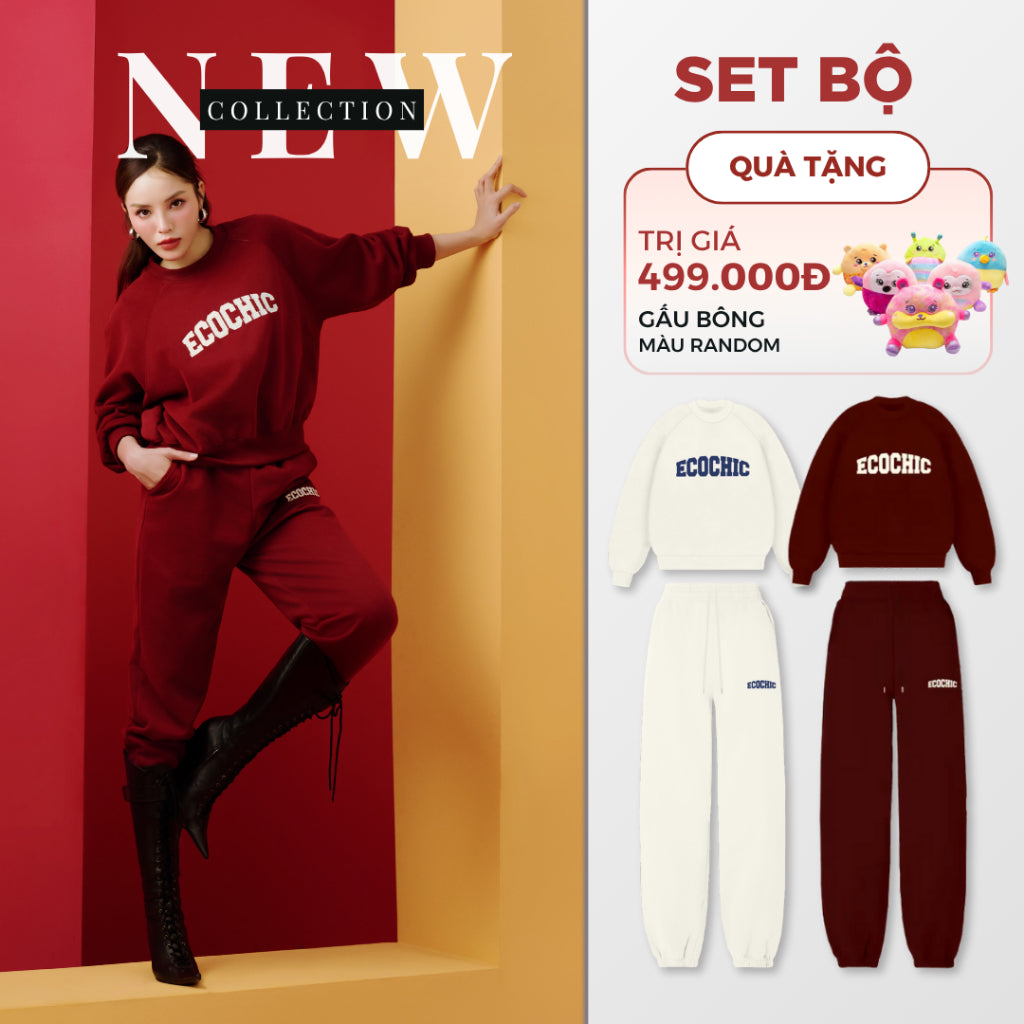 Set Bộ ECOCHIC CRIMSON WINTER Áo Sweater Logo Ngực Quần Jogger Bo Gấu Chất Liệu Nỉ Hai Da Cao Cấp Chính Hãng B187