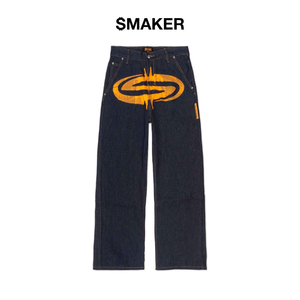 [SMAKER] Quần jeans màu xanh dương đậm dáng form ống rộng - LOGO RAW DENIM JEANS