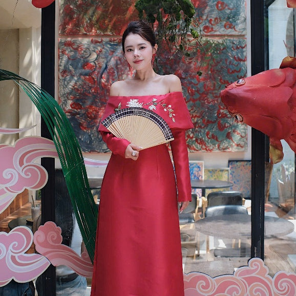 [PRE-ORDER] Anh Vu ribbon embroidered off-shoulder ao dai 