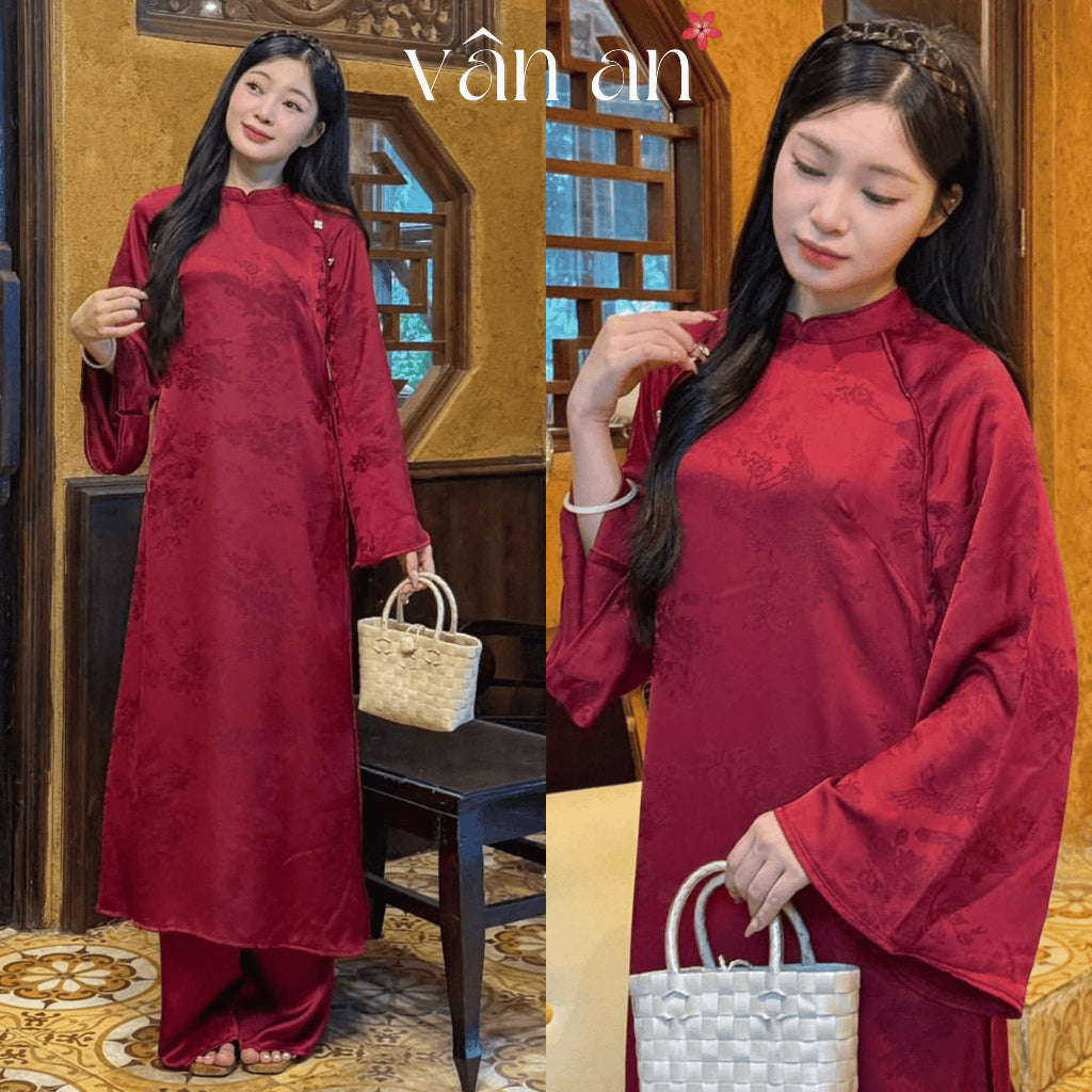 [VAN AN - TET 2026] TRUC XUAN Ao Dai - Long-sleeved, innovative design - High-quality silk brocade with flamingo print