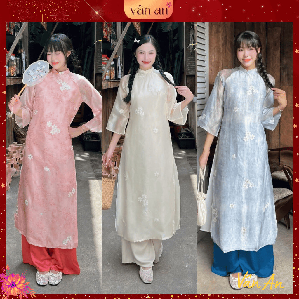 [VAN AN - TET 2026] NEW YEAR Ao Dai - Straight Fit, Half Sleeves with 4 Panels - Silk Material Embroidered with Elegant Apricot Blossom Pattern