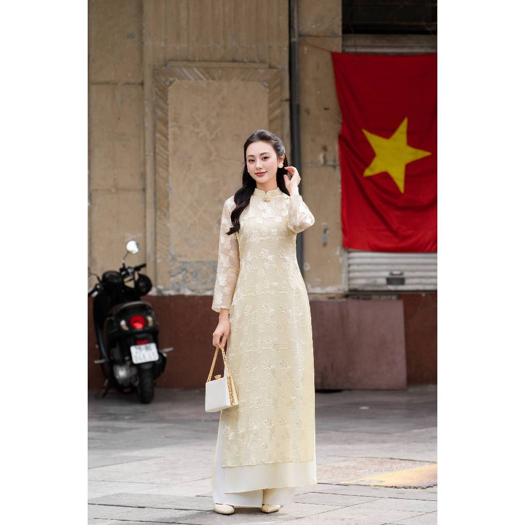 Modernized Ao Dai AD258 - QD043 with four panels of varying lengths, embellished with pearls.