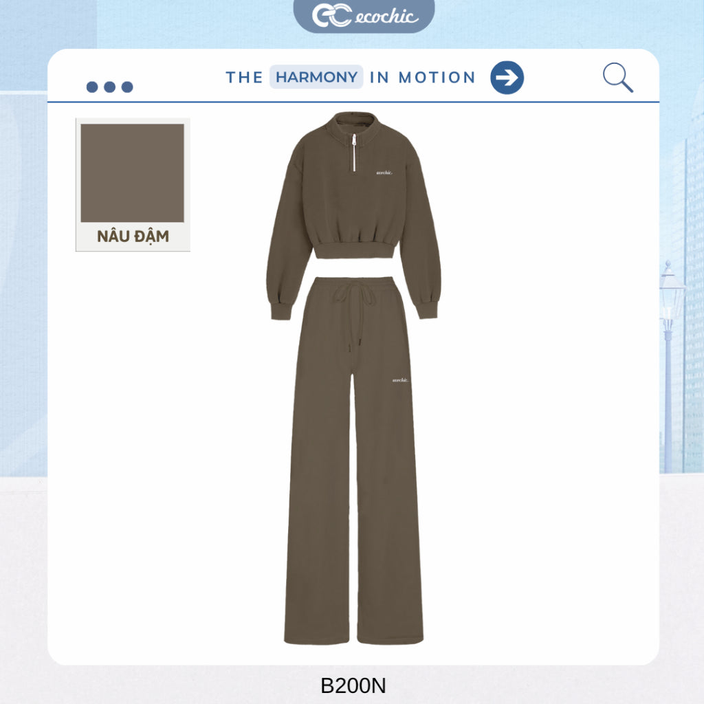 ECOCHIC GRAVITY SET High Neck Crop Top Halfzip Logo Chest Drawstring Straight Pants High Quality Genuine Material HNH B200