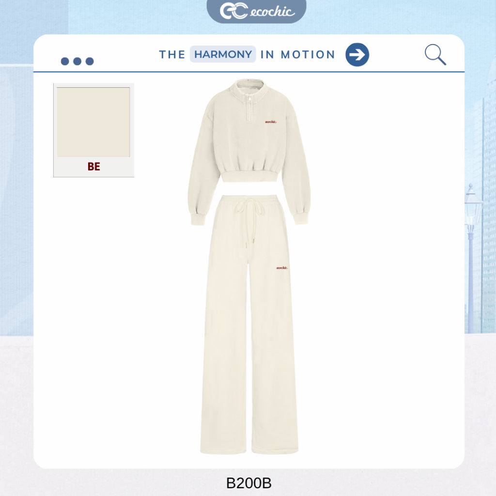 ECOCHIC GRAVITY SET High Neck Crop Top Halfzip Logo Chest Drawstring Straight Pants High Quality Genuine Material HNH B200