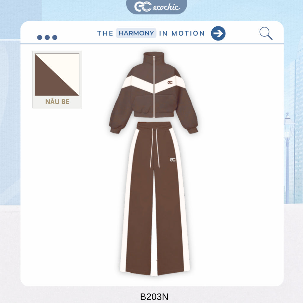 ECOCHIC Set Shirt with Front Chest Line, Straight Pants with White Border on Both Sides, High Quality, Soft, Genuine Material HNH B203