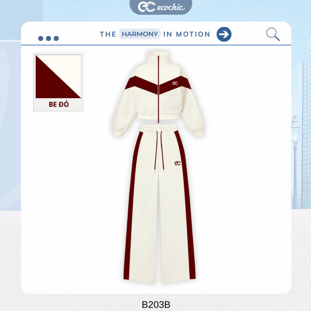 ECOCHIC Set Shirt with Front Chest Line, Straight Pants with White Border on Both Sides, High Quality, Soft, Genuine Material HNH B203