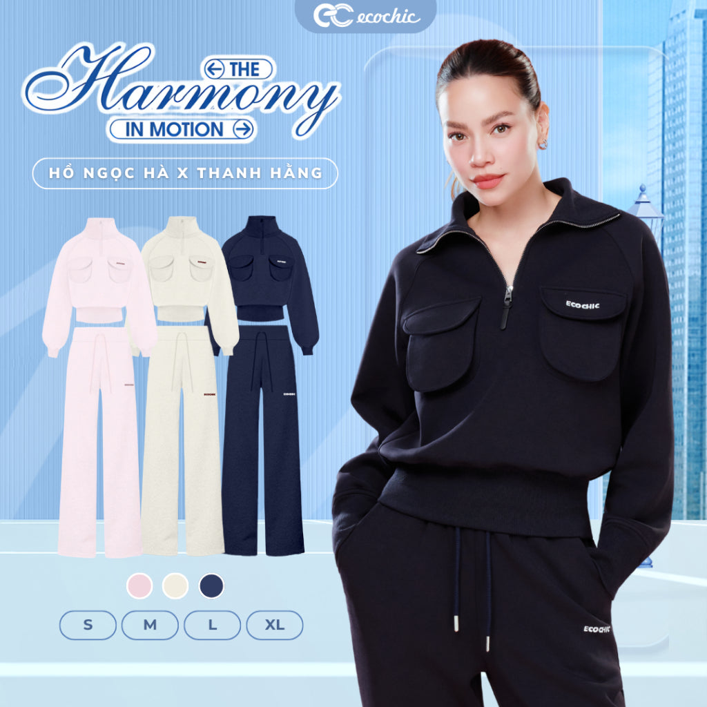 Set Bộ Nỉ Mịn ECOCHIC DYNAMIC EASE Áo Crop Cổ Cao Halfzip Túi Hộp Hai Bên Quần Suông Cao Cấp HNH B201