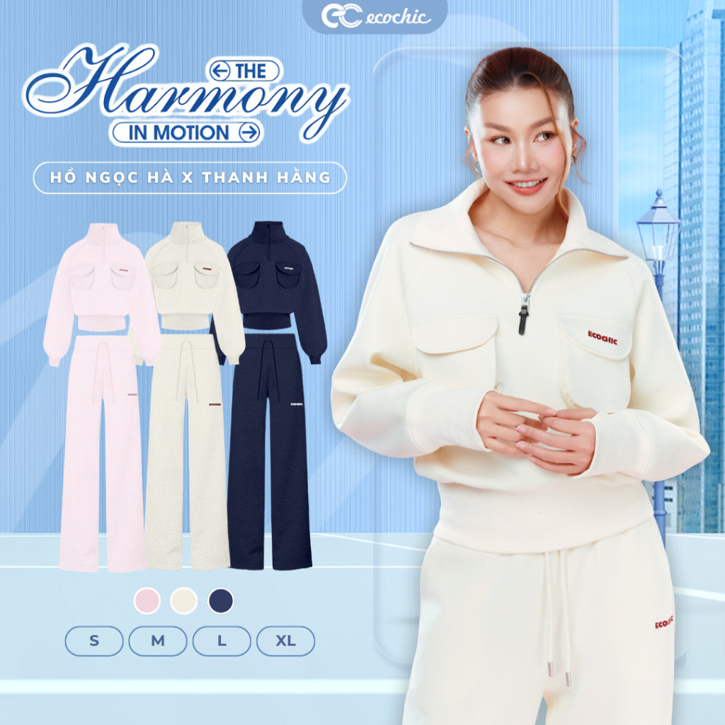 ECOCHIC DYNAMIC EASE Set High Neck Halfzip Crop Top, Side Cargo Pockets, High Quality Drawstring Straight Pants, Genuine HNH B201