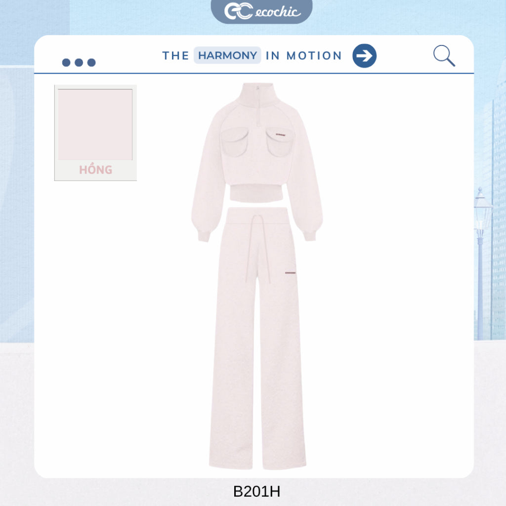 ECOCHIC DYNAMIC EASE Set High Neck Halfzip Crop Top, Side Cargo Pockets, High Quality Drawstring Straight Pants, Genuine HNH B201