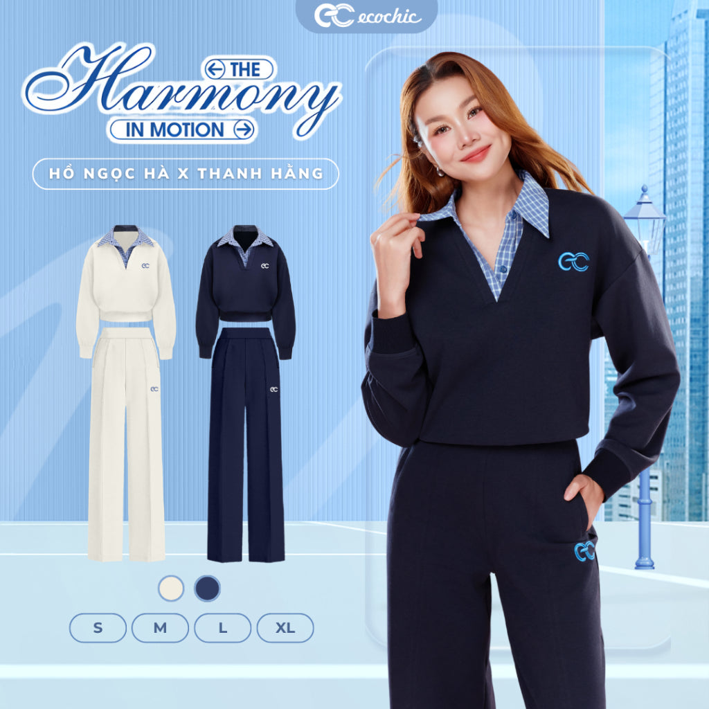 ECOCHIC MOTION TRACK Set: Polo V-Neck Shirt with Plaid Shirt and Wide-Leg Pants, Premium Official B202