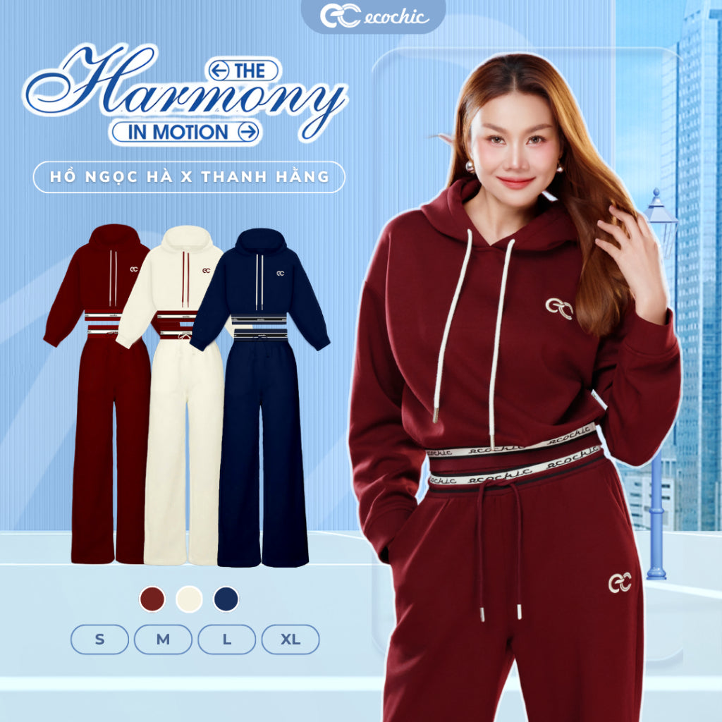 Set Bộ ECOCHIC VELOCITY SET Áo Crop Hoodie Phối Bo Sọc - Quần Suông Dây Rút Chất Liệu Cao Cấp Chính Hãng HNH B204