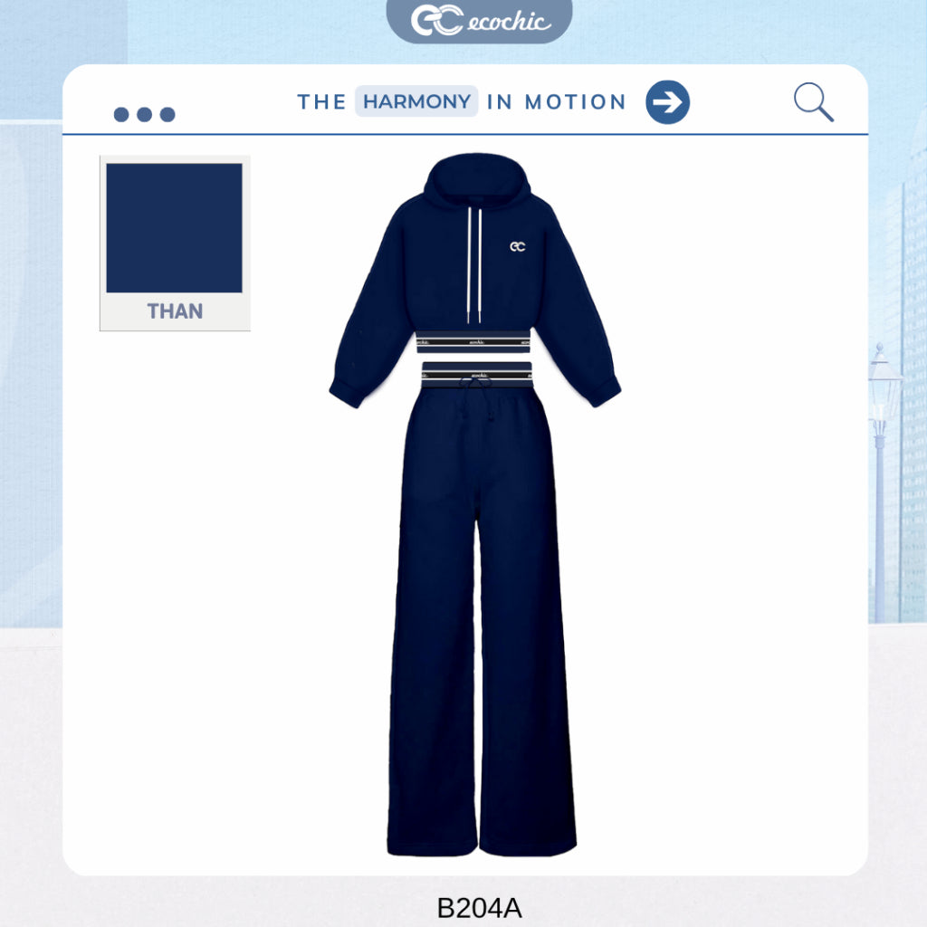 ECOCHIC VELOCITY SET Crop Hoodie with Striped Ruffles - Drawstring Straight Pants High Quality Genuine Material HNH B204