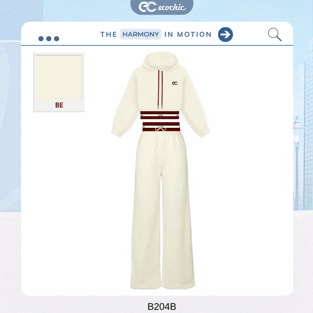 ECOCHIC VELOCITY SET Crop Hoodie with Striped Ruffles - Drawstring Straight Pants High Quality Genuine Material HNH B204