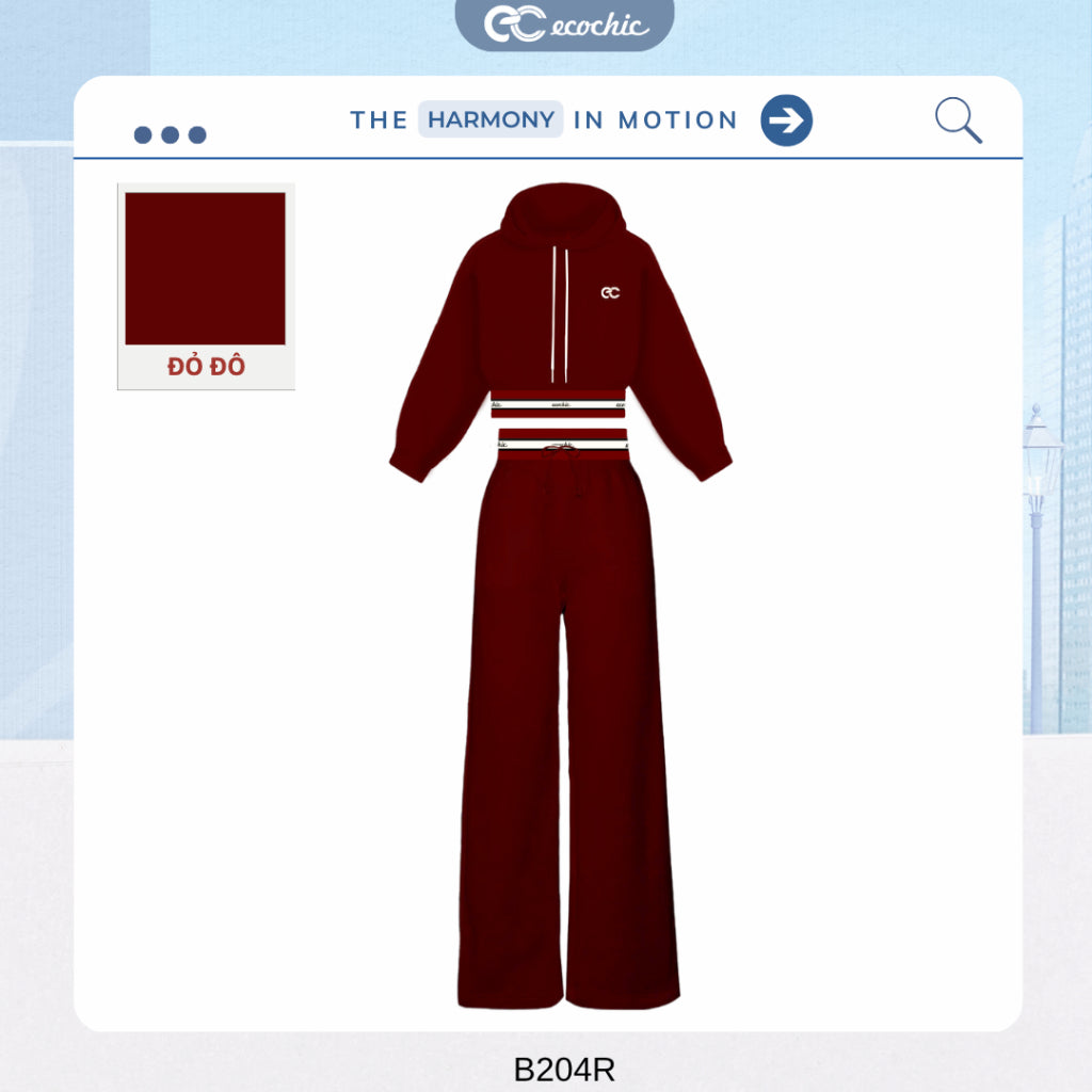 ECOCHIC VELOCITY SET Crop Hoodie with Striped Ruffles - Drawstring Straight Pants High Quality Genuine Material HNH B204