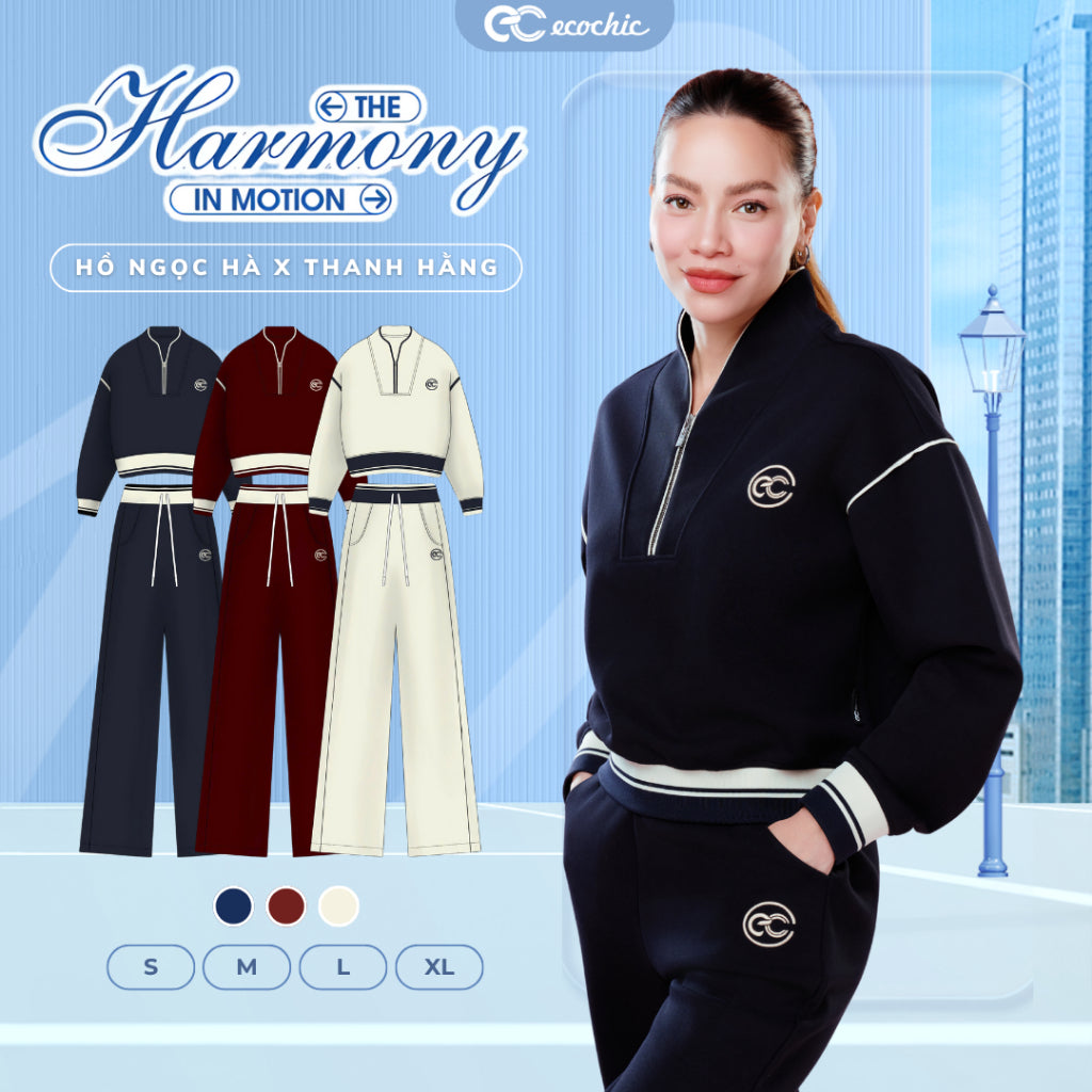 Set Bộ Nỉ Mịn ECOCHIC Áo Crop Cổ Khoá Zip Phối Viền Quần Suông Chất Liệu Cao Cấp Chính Hãng HNH B205