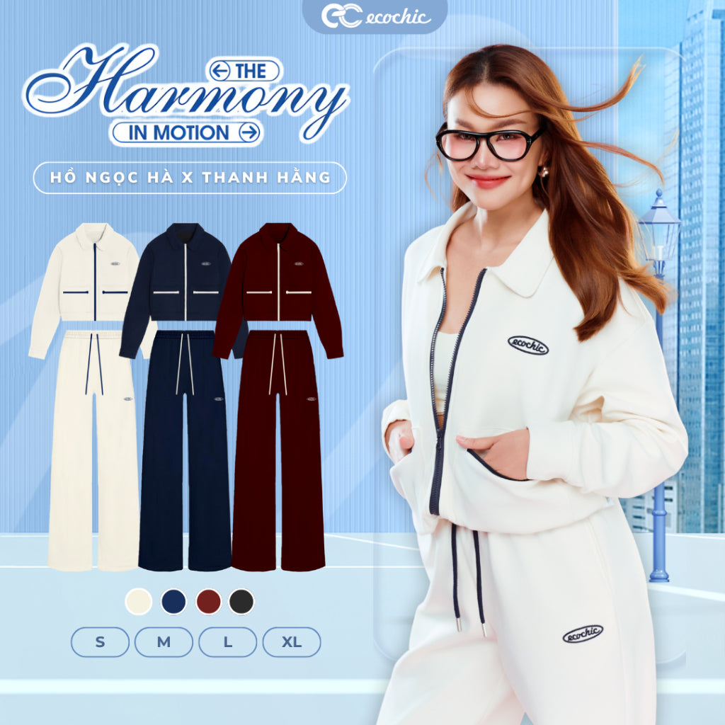 Set Bộ ECOCHIC BOLD EASE Áo Crop Cổ Bẻ Khoá Zip Phối Viền Quần Suông Chất Liệu Cao Cấp Chính Hãng HNH B206