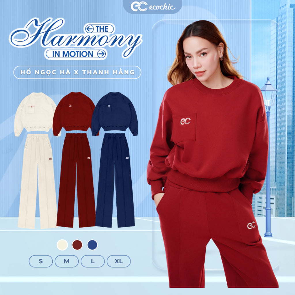 Set Bộ Nỉ Lông Nhung ECOCHIC GRAVITY SET Áo Cổ Tròn Logo Ngực Quần Suông Dài Cao Cấp Chính Hãng HNH B208