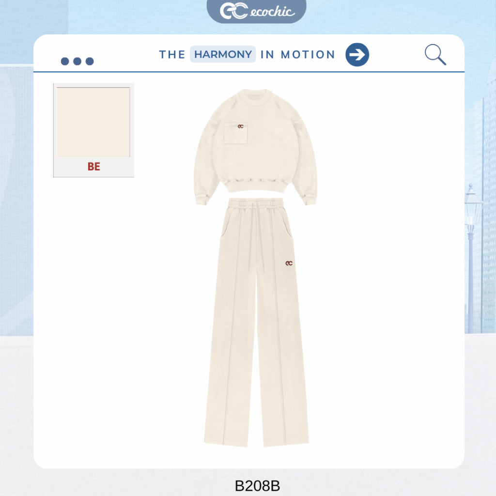 ECOCHIC GRAVITY SET Basic Sweater Round Neck Logo Chest Straight Pants High Quality Genuine Material HNH B208