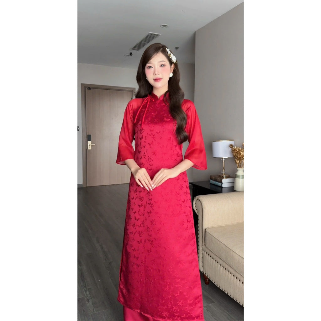 Thanh Yen Loose-Fitting Ao Dai Dress, Soft Brocade Fabric, Lightly Flared Voile Sleeves - Moc An Ao Dai 