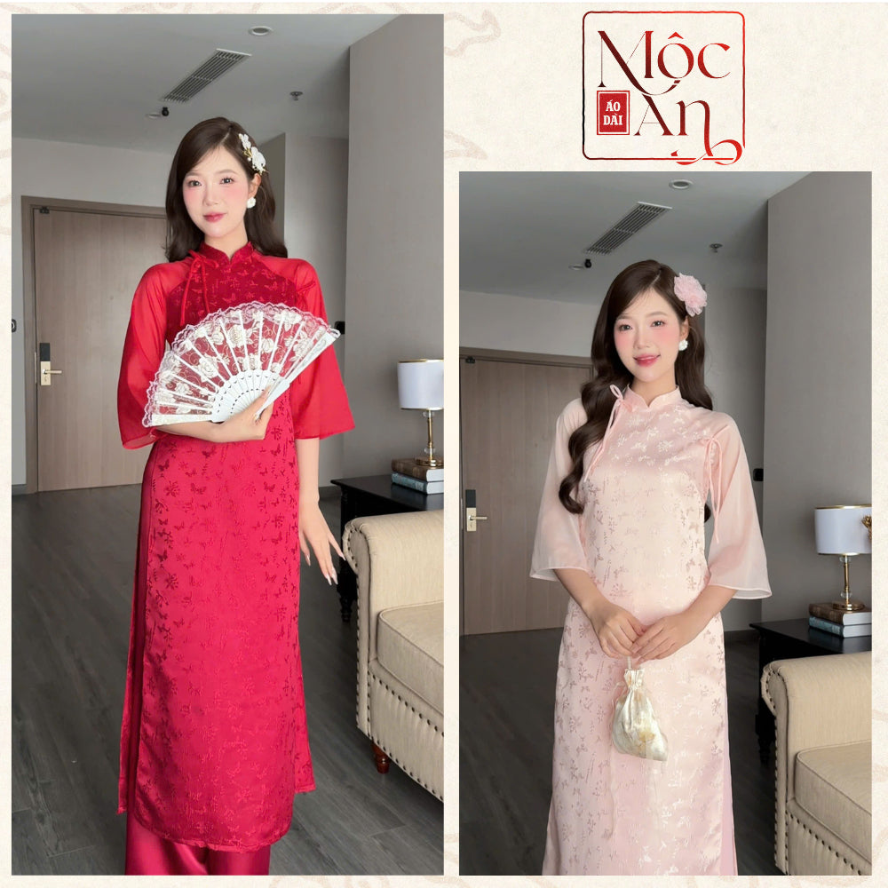 Thanh Yen Loose-Fitting Ao Dai Dress, Soft Brocade Fabric, Lightly Flared Voile Sleeves - Moc An Ao Dai 