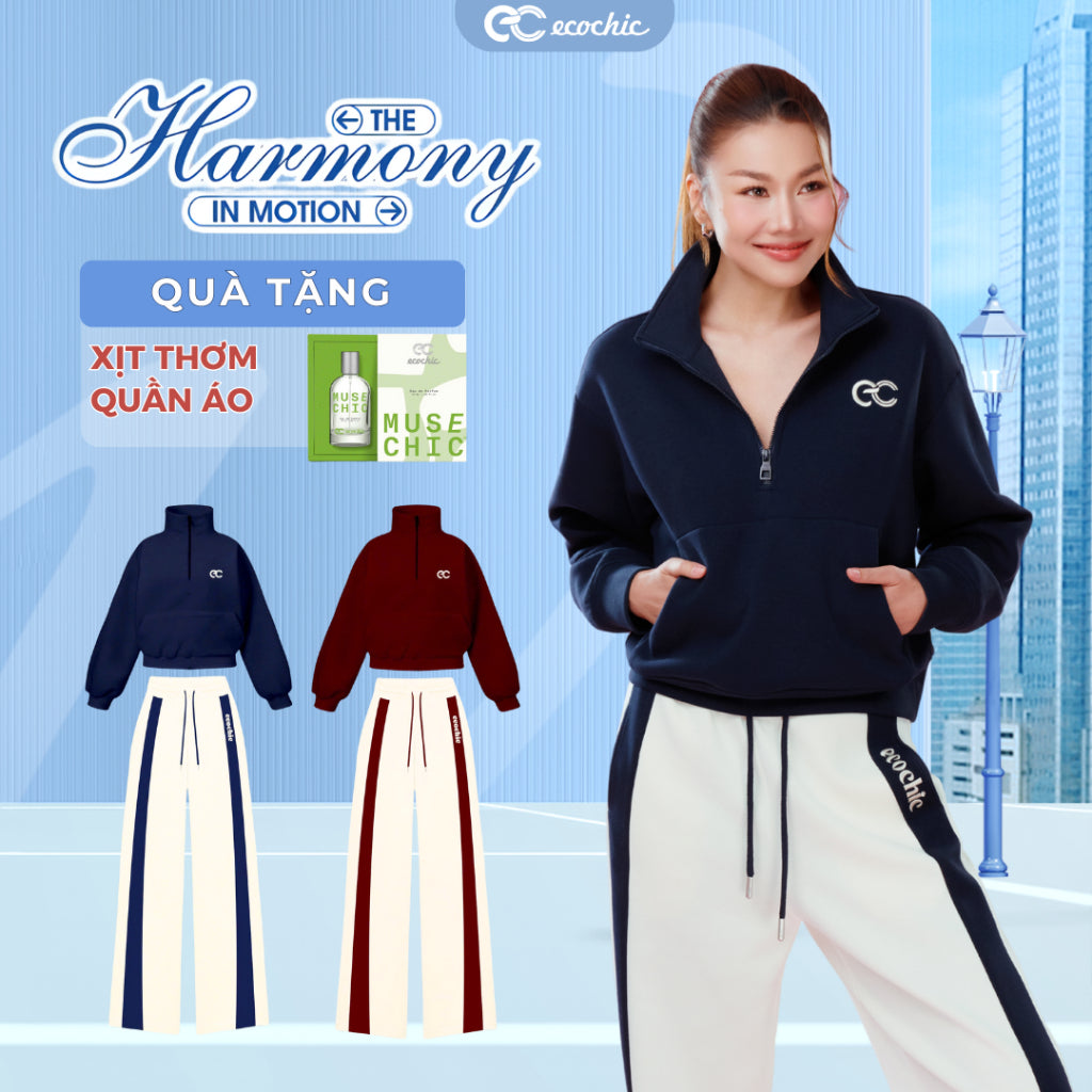 Set Bộ ECOCHIC DUAL FLOW SET Khoá Halfzip Cổ Cao Logo Ngực Quần Suông Phối Line Chất Liệu Cao Cấp Chính Hãng HNH B197