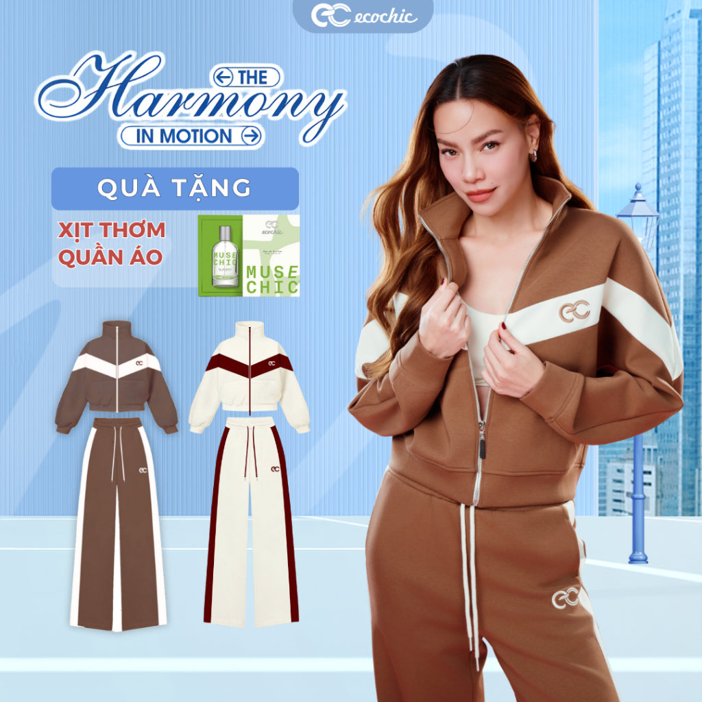 ECOCHIC Set Shirt with Front Chest Line, Straight Pants with White Border on Both Sides, High Quality, Soft, Genuine Material HNH B203