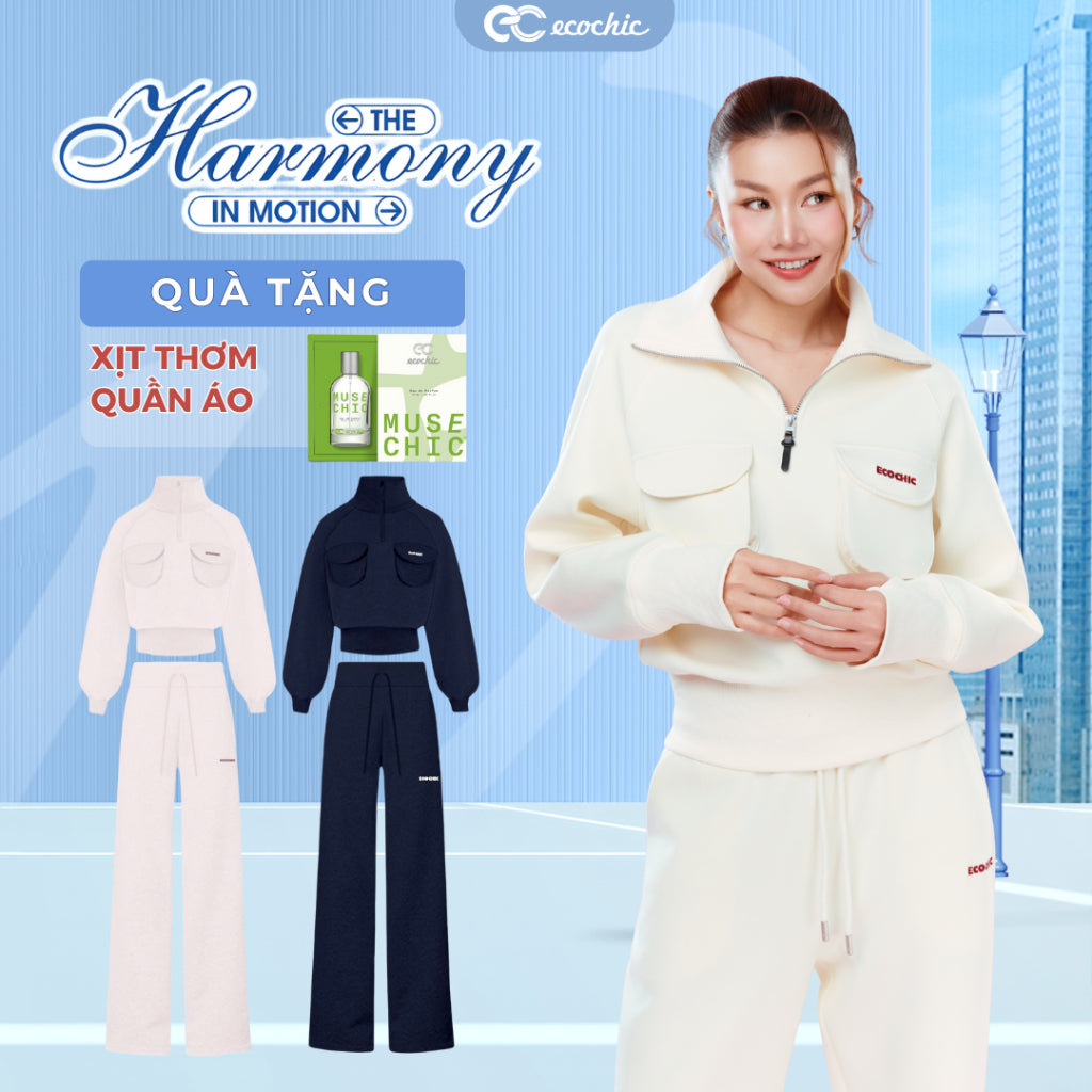 ECOCHIC DYNAMIC EASE Set High Neck Halfzip Crop Top, Side Cargo Pockets, High Quality Drawstring Straight Pants, Genuine HNH B201