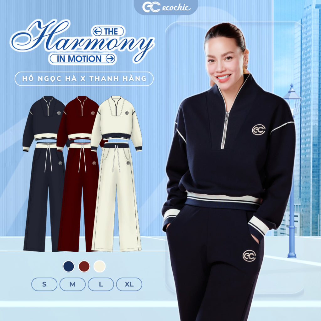 Set of ECOCHIC SYNC MOVE Zip-up Crop Top with Hem and Drawstring Straight Pants, High Quality Genuine Material HNH B205