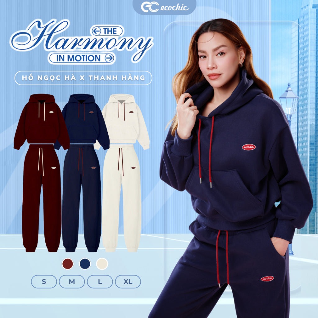 ECOCHIC Hoodie Set Loose Shirt, Straight-leg Pants, Elastic Waistband, Basic Drawstring, High-Quality Genuine Material HNH B209