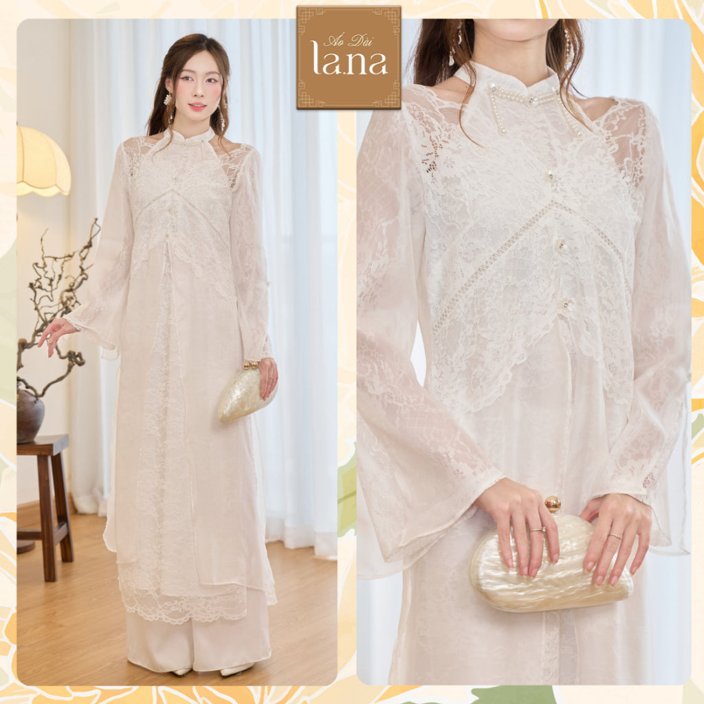 Uyen Ngoc Trang innovative women's ao dai with fake yem design, cutout shoulder, hidden floral lace fabric and light shimmering silk – SD396 LANA DESIGN