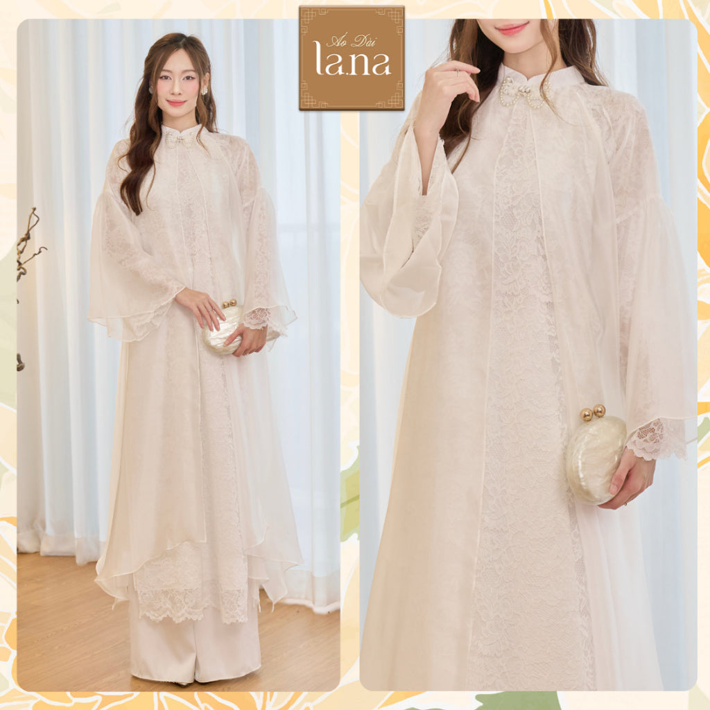 Dao Phung 6-panel modernized ao dai with hidden floral lace fabric and light, smooth silk fabric with flying slits and handmade pearl buttons - SD398 LANA DESIGN