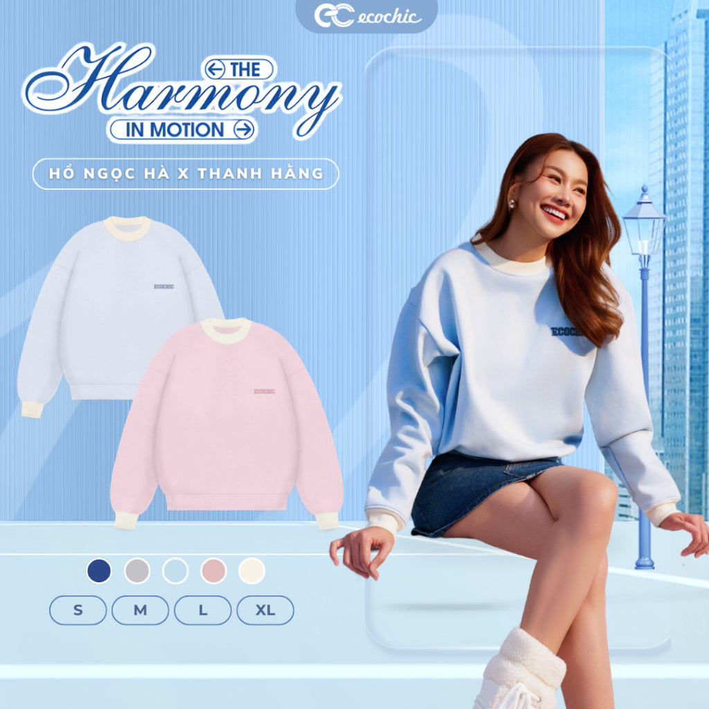 Áo Sweater Phối Tay ECOCHIC Form Rộng Basic Chất Liệu Nỉ Bông Mềm Mịn Giữ Ấm Chính Hãng HNH B196