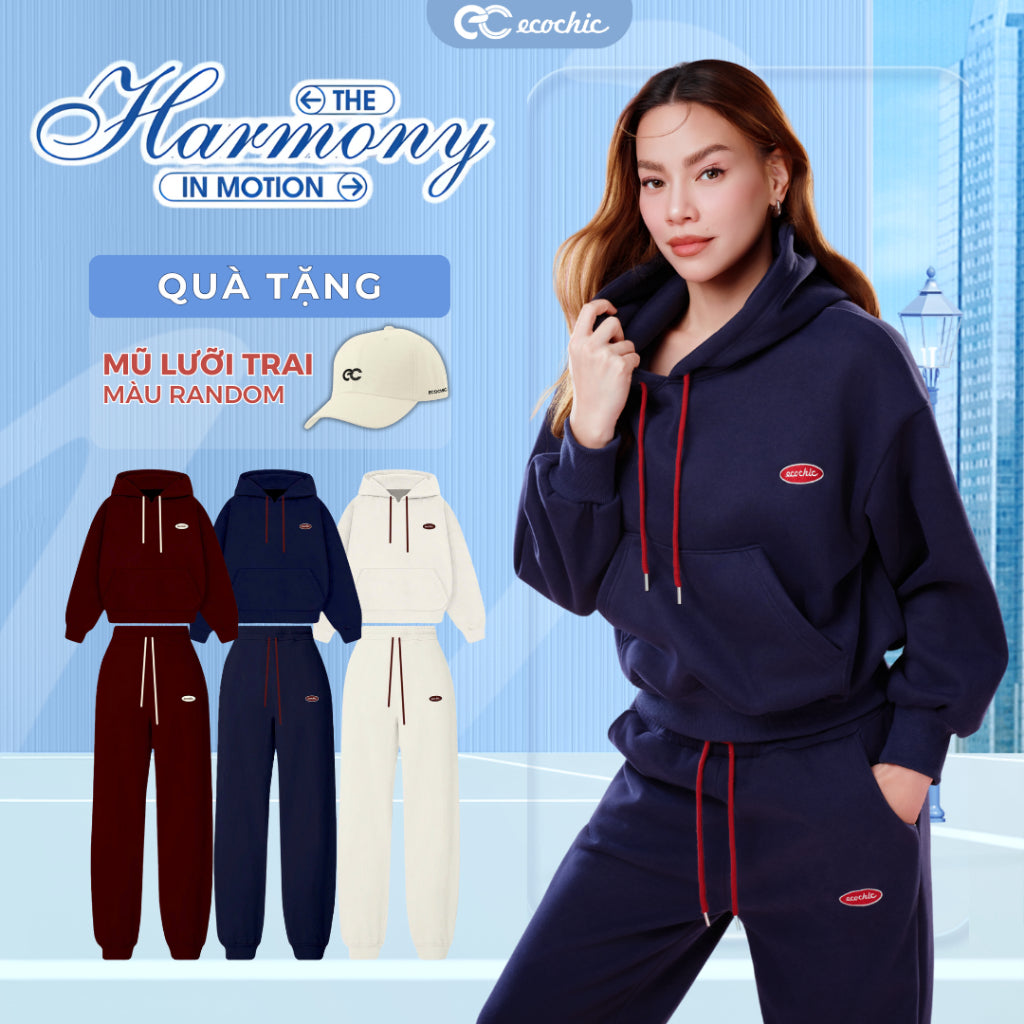 ECOCHIC Hoodie Set Loose Shirt, Straight-leg Pants, Elastic Waistband, Basic Drawstring, High-Quality Genuine Material HNH B209