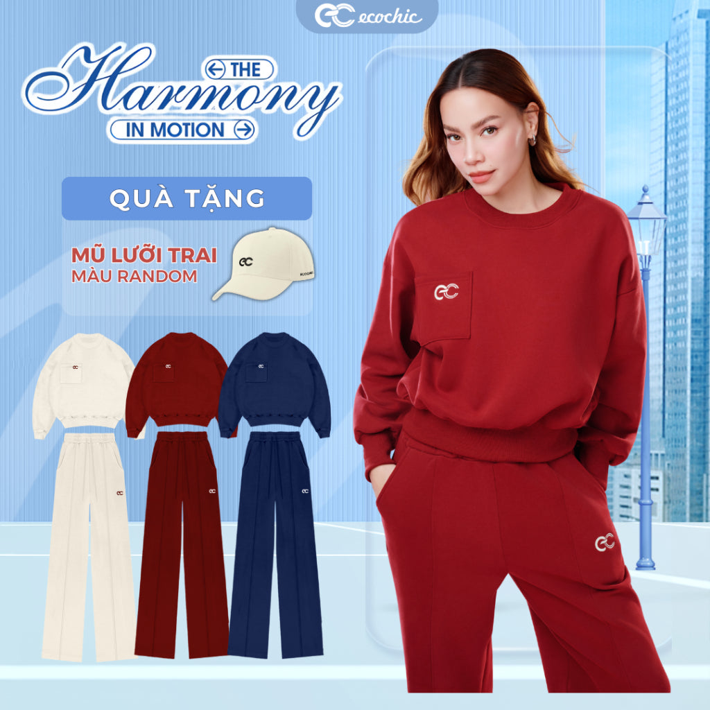 ECOCHIC GRAVITY SET Basic Sweater Round Neck Logo Chest Straight Pants High Quality Genuine Material HNH B208