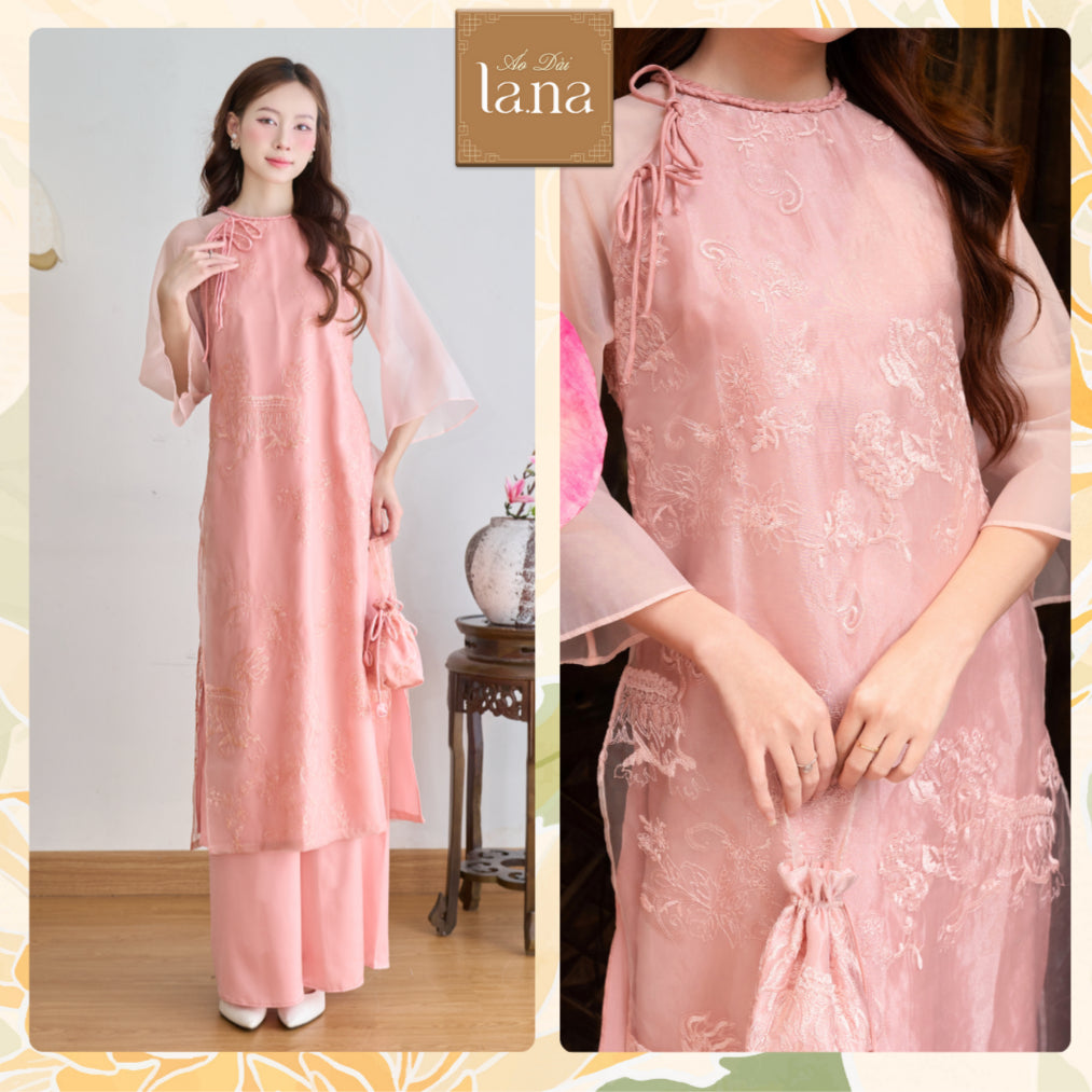 Ngoc Nghien designed women's ao dai with unicorn embroidery pattern, high quality silk material, pink Lana ao dai - SD006