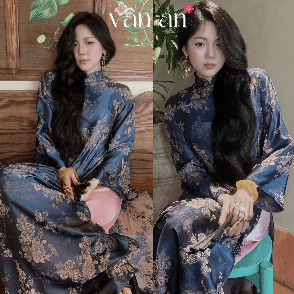 [VAN AN - TET 2026] TRUC XUAN Ao Dai - Long-sleeved, innovative design - High-quality silk brocade with flamingo print