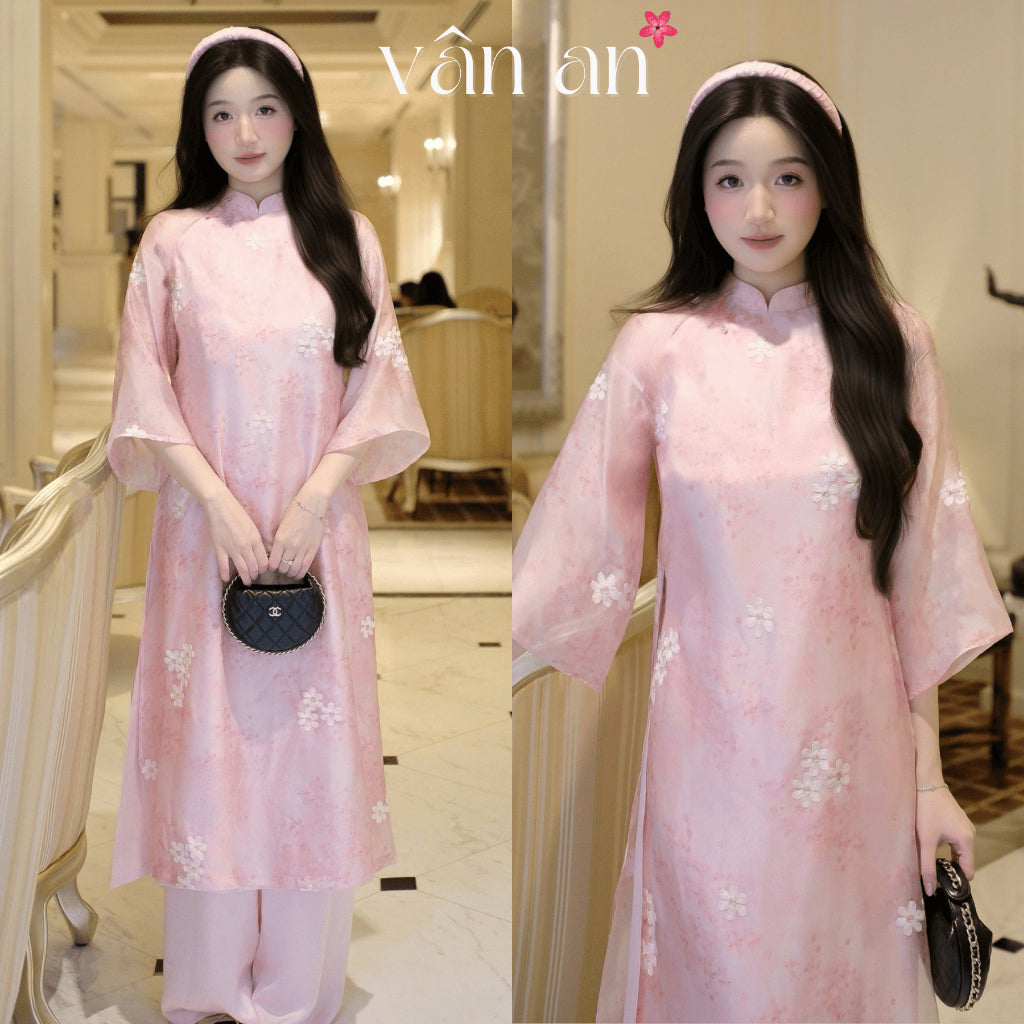 [VAN AN - TET 2026] NEW YEAR Ao Dai - Straight Fit, Half Sleeves with 4 Panels - Silk Material Embroidered with Elegant Apricot Blossom Pattern