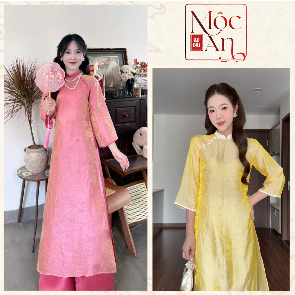 Loose-fitting Ao Dai dress, Springtime style, Modernized Ao Dai dress made of naturally crinkled silk brocade fabric, high-quality standard fabric - Moc An Ao Dai.