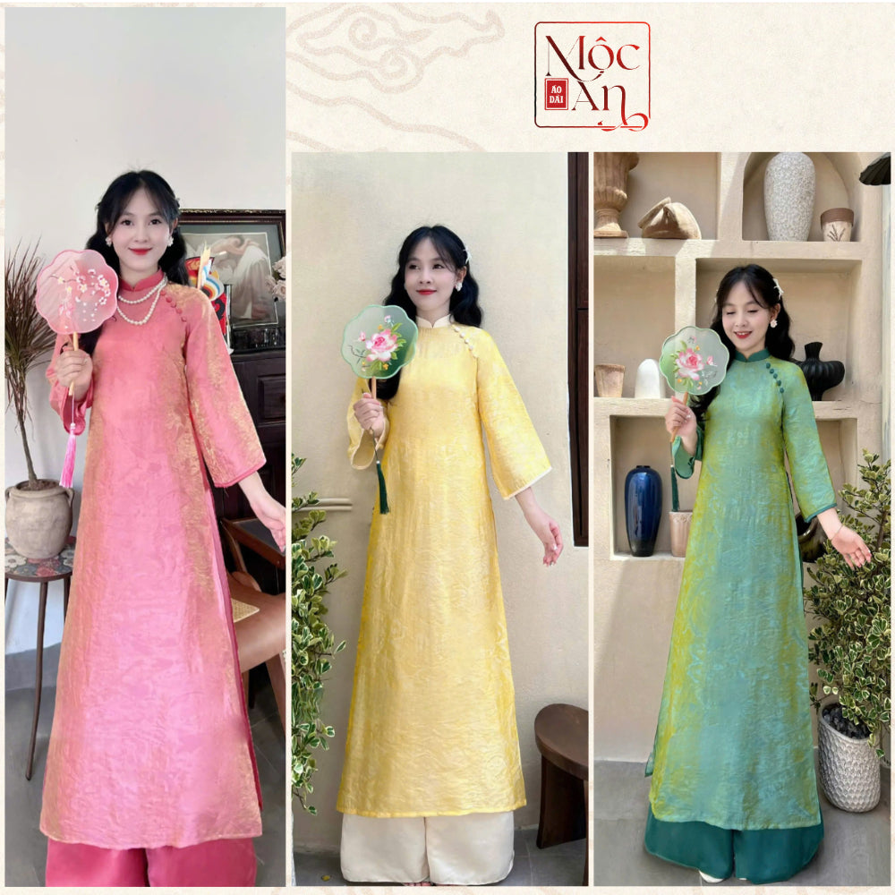 Loose-fitting Ao Dai dress, Springtime style, Modernized Ao Dai dress made of naturally crinkled silk brocade fabric, high-quality standard fabric - Moc An Ao Dai.