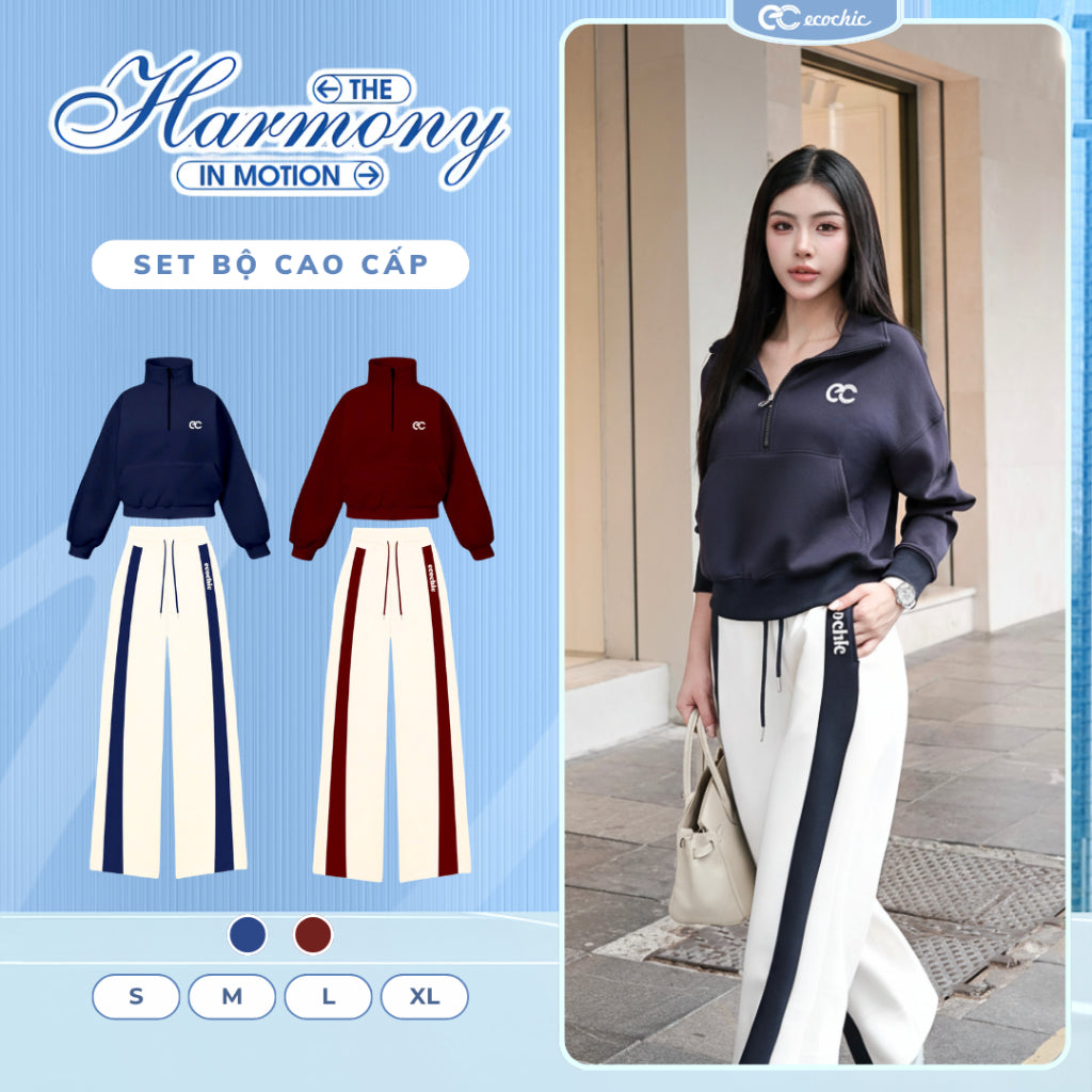 Set Bộ Nỉ Mịn ECOCHIC Khoá Halfzip Cổ Cao Logo Ngực Quần Suông Phối Line Chất Liệu Cao Cấp B197