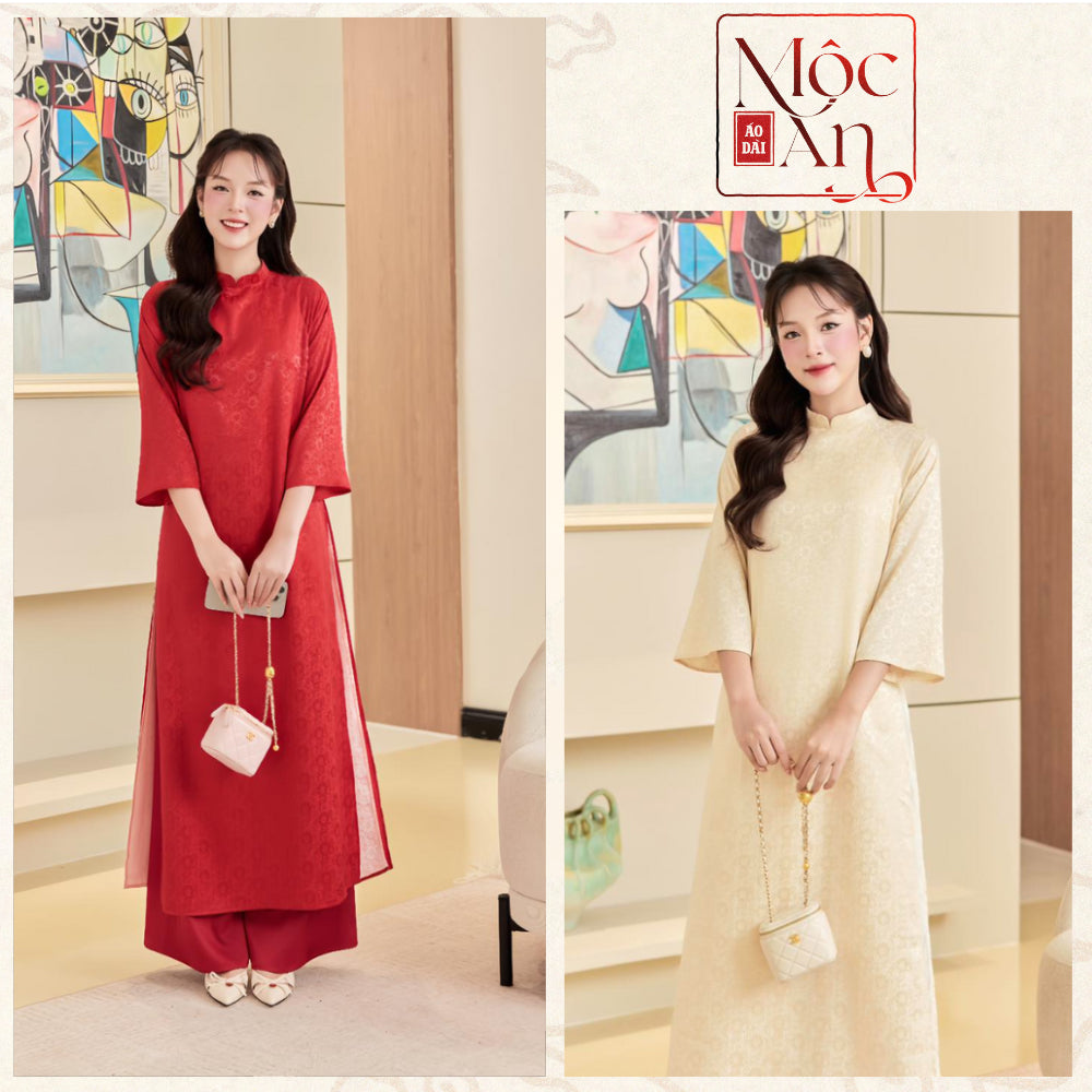 Modernized Ao Dai with Daisy Flower Pattern, Loose Fit, Brocade Fabric, 4-Panel Design, Silk Lining, Flared Sleeves - Moc An Ao Dai 