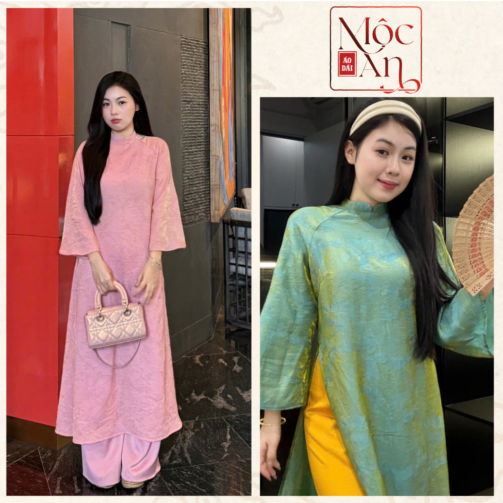 TUYET MAI Loose-fitting Ao Dai, Silk Brocade Fabric with Shimmering Crinkle Pattern, Loose Fit, Flared Sleeves, Available in Various Colors 