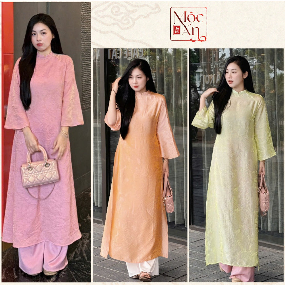 TUYET MAI Loose-fitting Ao Dai, Silk Brocade Fabric with Shimmering Crinkle Pattern, Loose Fit, Flared Sleeves, Available in Various Colors 