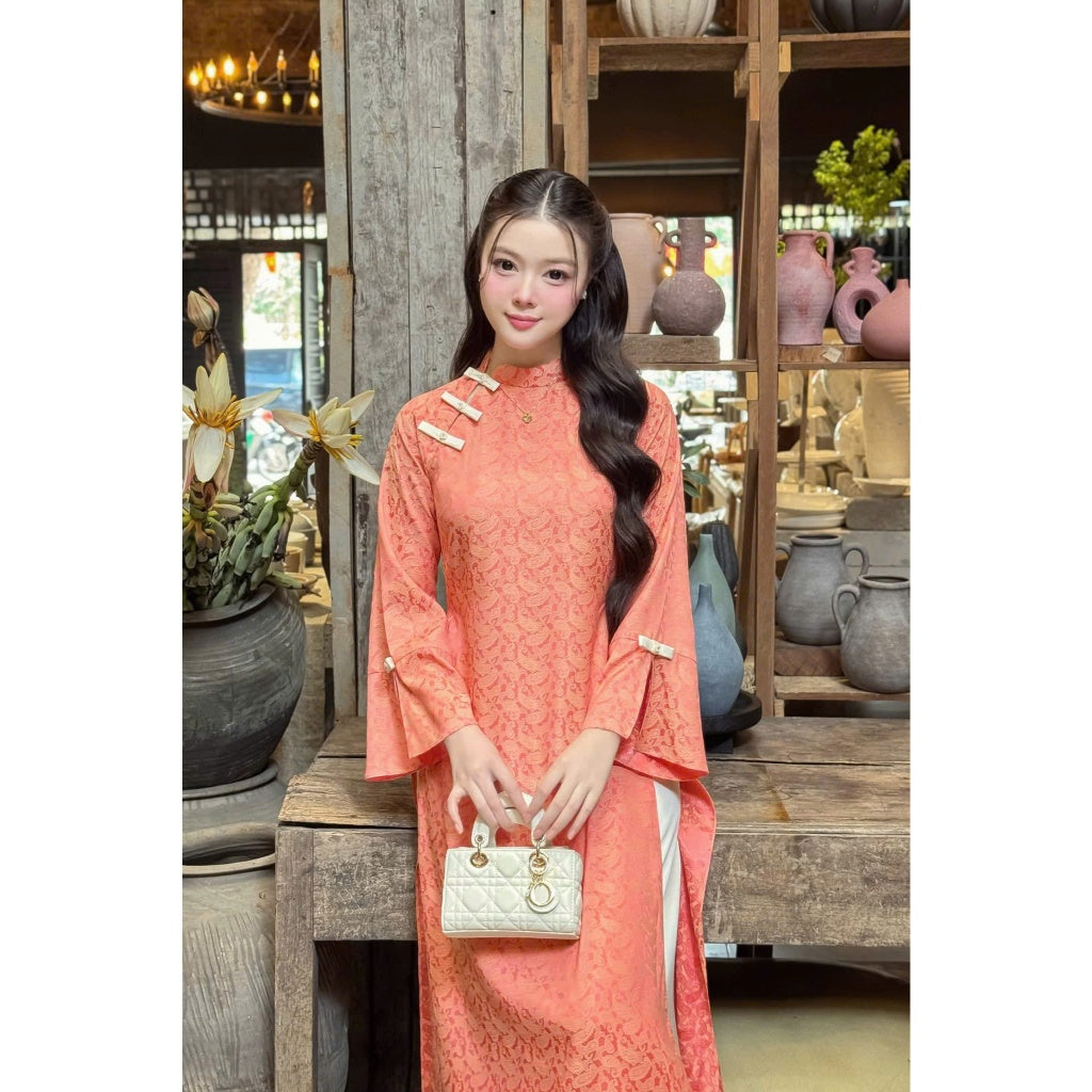 PRE-ORDER [Tet Ao Dai 2026 - Rin Design] Scallop Pattern Brocade Ao Dai with Bow Collar and Pants