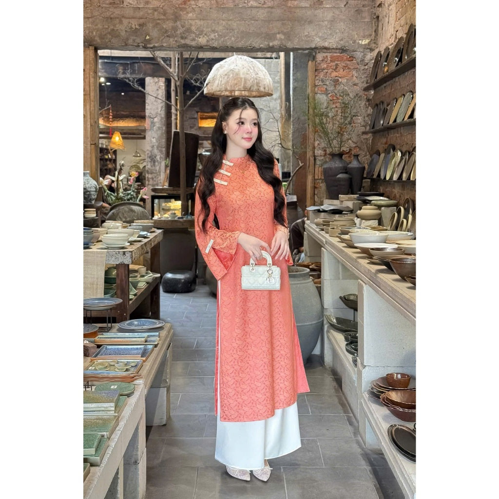 PRE-ORDER [Tet Ao Dai 2026 - Rin Design] Scallop Pattern Brocade Ao Dai with Bow Collar and Pants