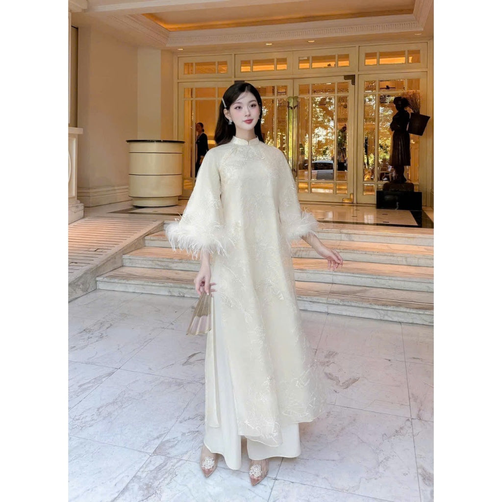 [PRE-ORDER] Modern Ao Dai with Sequin Edge, Soft Fluffy Sleeves, Round Neck and Pants