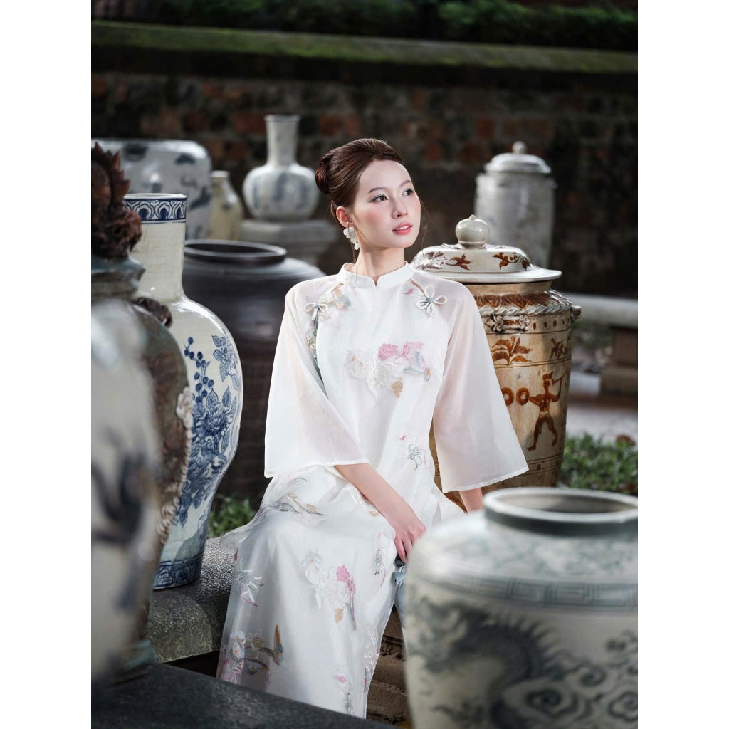 [PRE-ORDER] "Dien Phuc" Ao Dai, straight-cut, embroidered chiffon fabric, 2 layers with pants